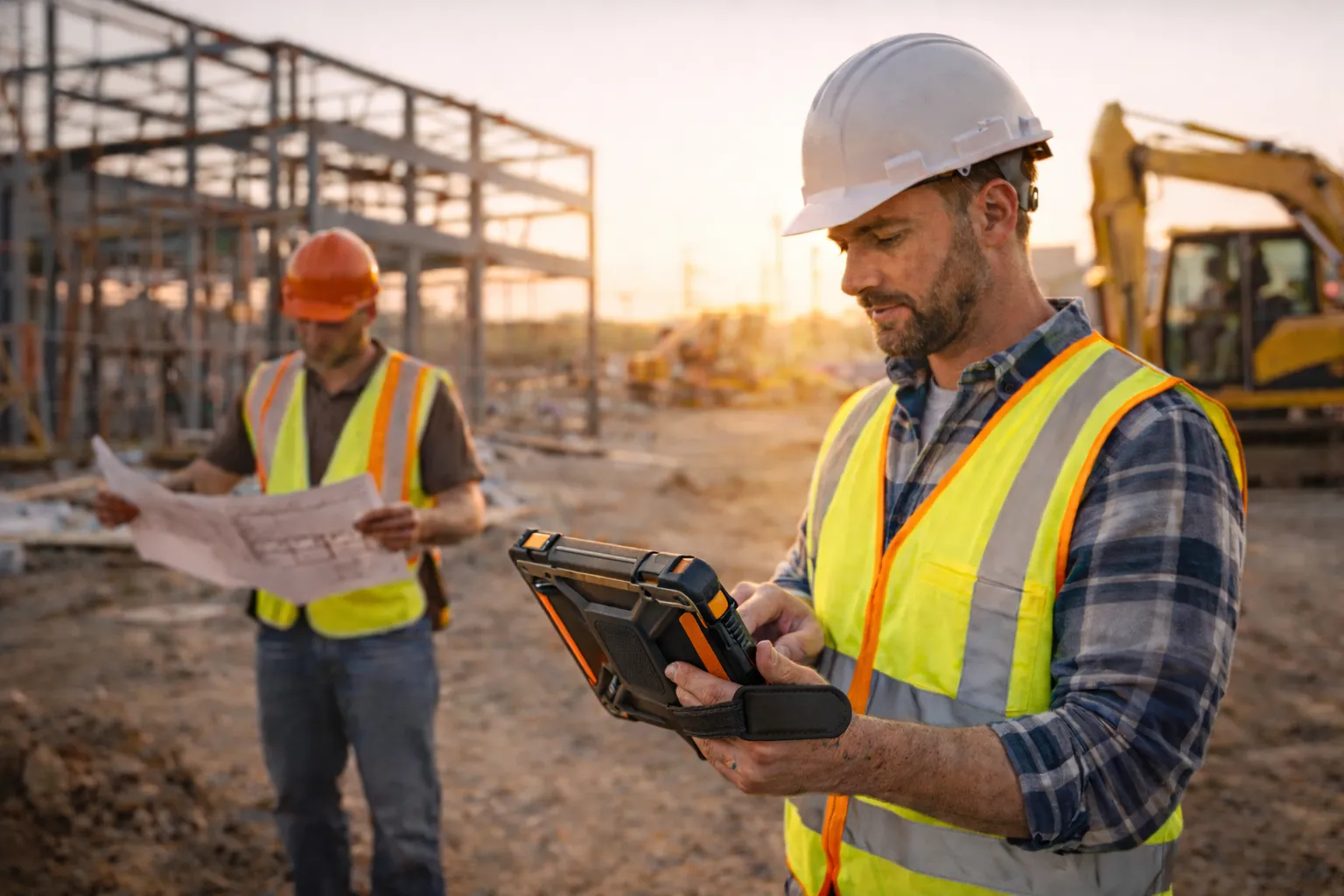 Construction site supervisor using rugged tablet to review crew schedule during sunset at job site