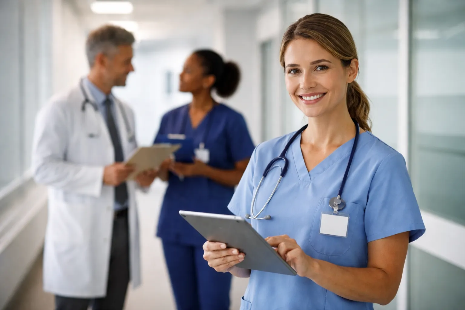 Nurse reviewing hospital staff schedule on tablet in modern healthcare facility corridor