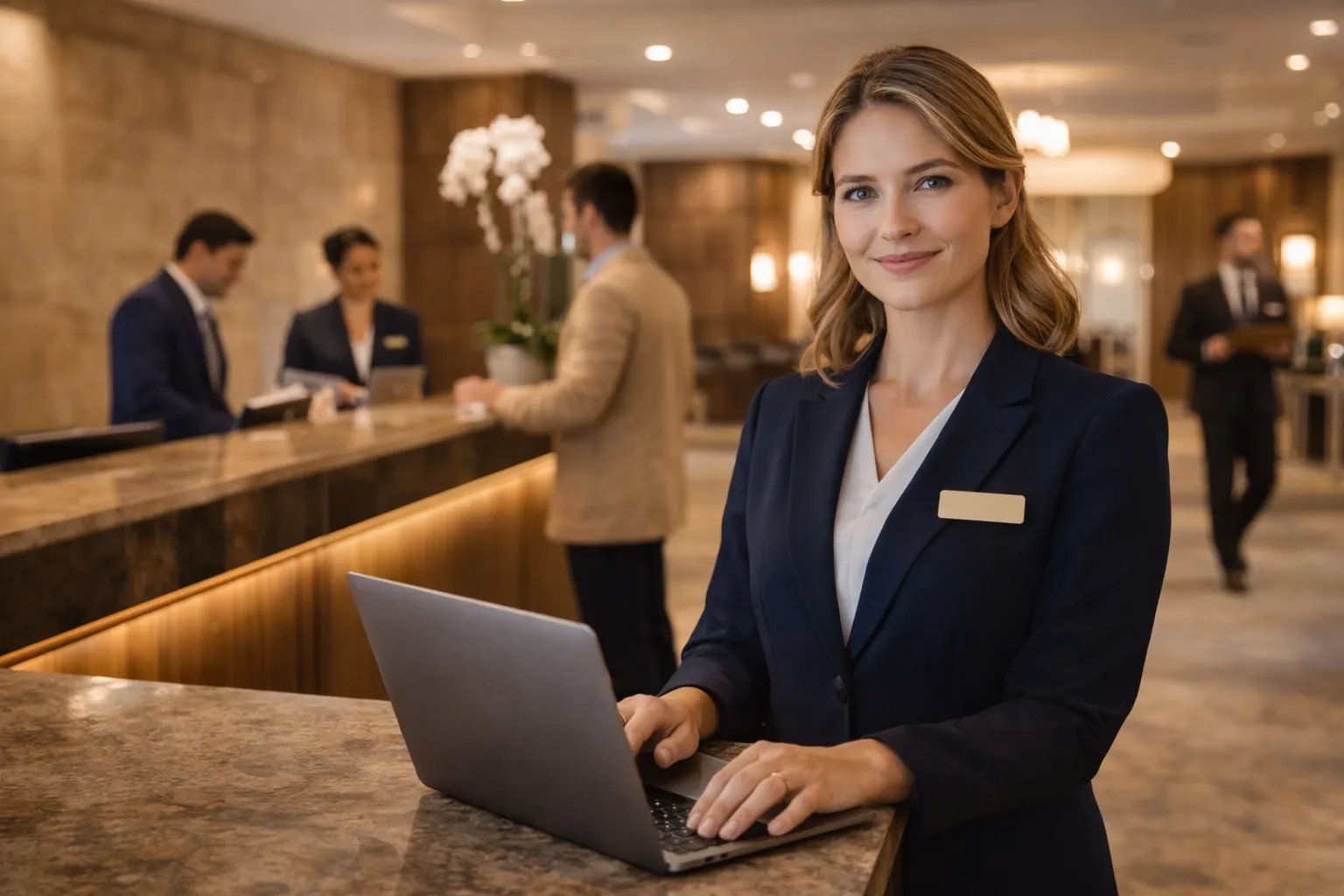 Hotel front desk manager using laptop to manage staff schedule in modern hotel lobby