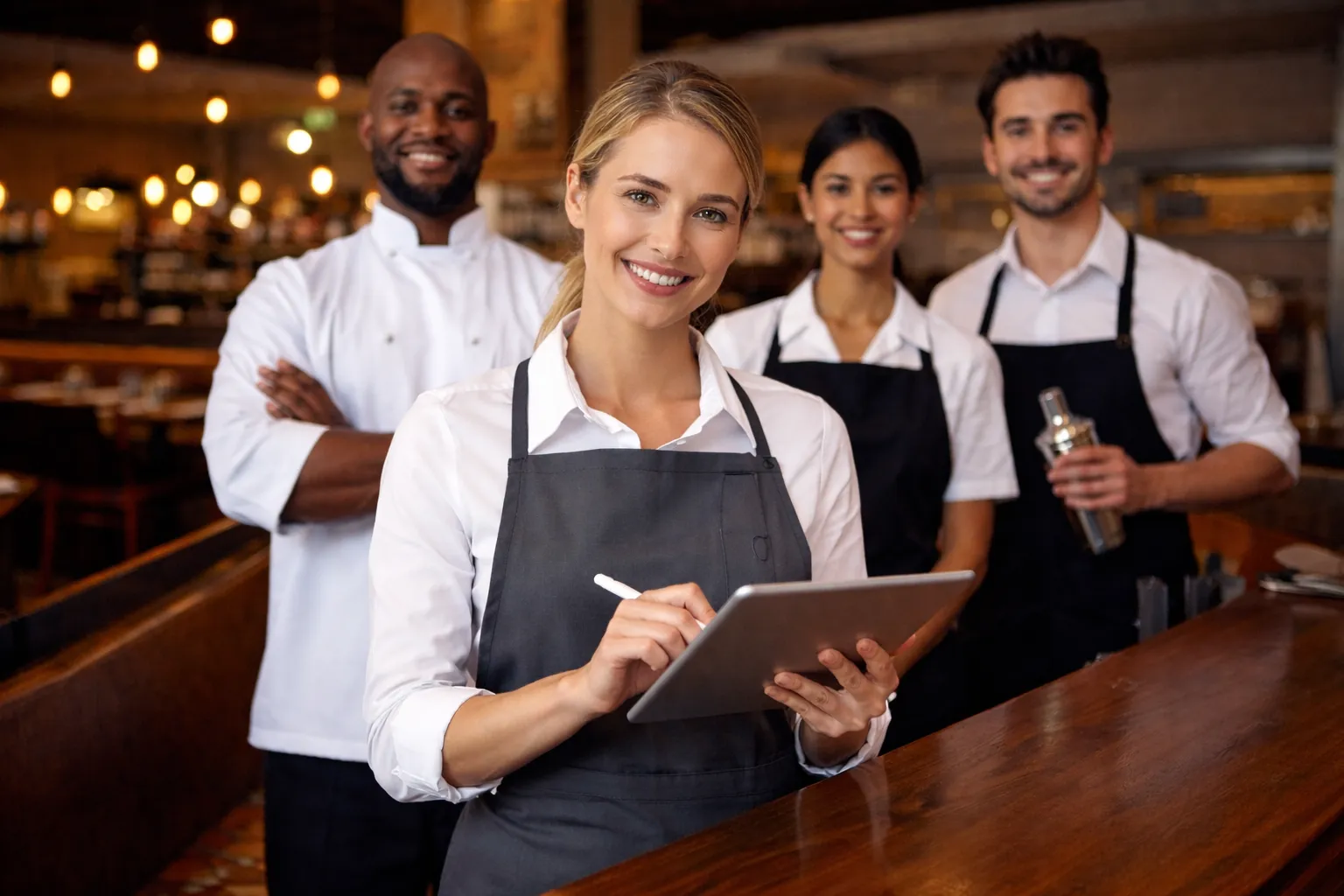 Restaurant manager using tablet to organize employee shifts while staff work during busy dinner service
