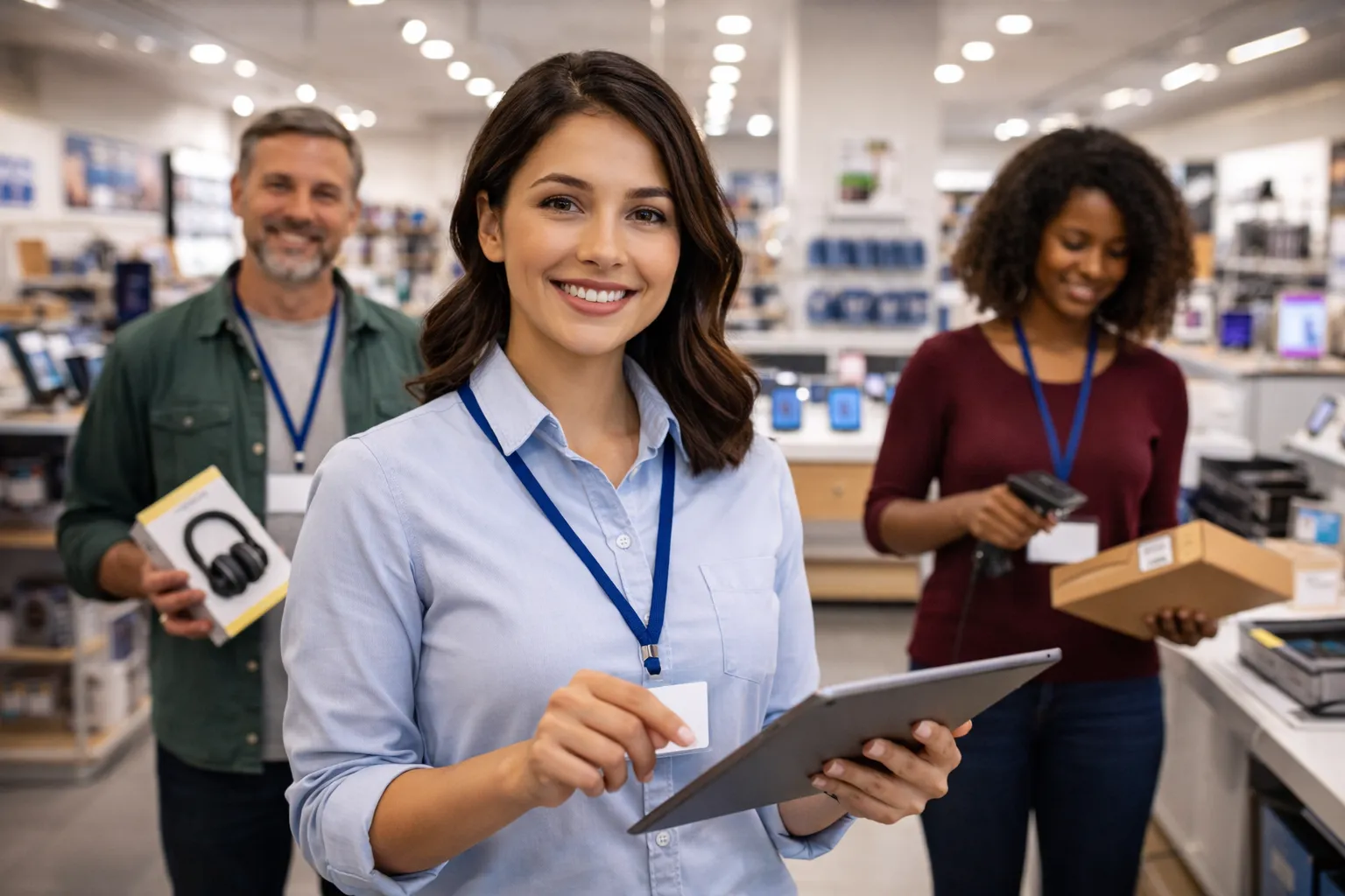 Retail store supervisor reviewing employee schedule on tablet while team prepares shop floor